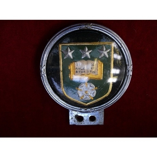 212B - Two vintage car badges, one with Civil Defence Corps crest, the other with the crest of Leeds Univer... 