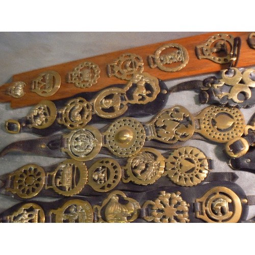 382 - Box of 20 harness & display straps with horse brasses, mostly 20th Century brasses