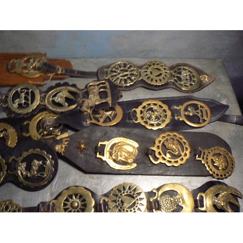 382 - Box of 20 harness & display straps with horse brasses, mostly 20th Century brasses