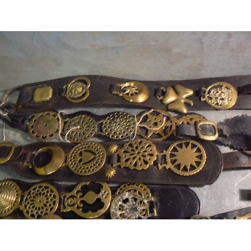 382 - Box of 20 harness & display straps with horse brasses, mostly 20th Century brasses