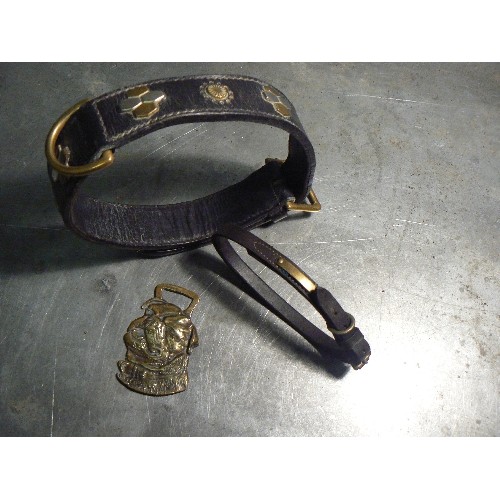 391 - Early 20th Century dog's collar with brass & white metal studs, a small leather collar and a British... 