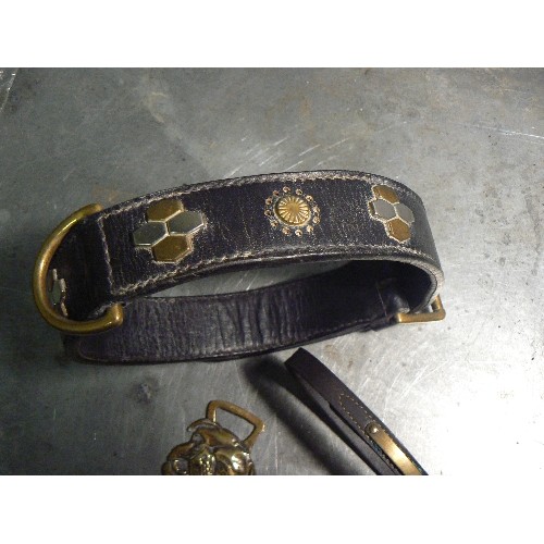 391 - Early 20th Century dog's collar with brass & white metal studs, a small leather collar and a British... 