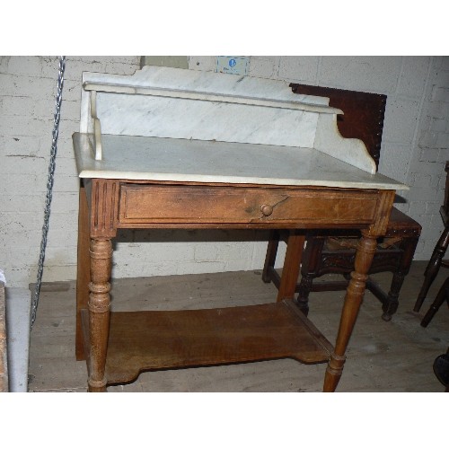 301 - Edwardian washstand with drawer and a good white marble top with an upstand and shelf