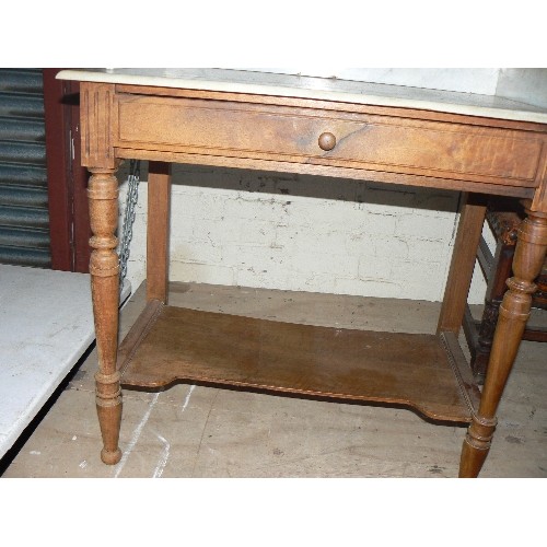 301 - Edwardian washstand with drawer and a good white marble top with an upstand and shelf