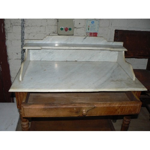 301 - Edwardian washstand with drawer and a good white marble top with an upstand and shelf