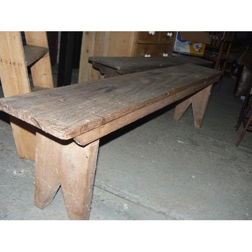 307 - A 20th C pine bench - from a local chapel - made from thick timber - some woodworm but still good st... 