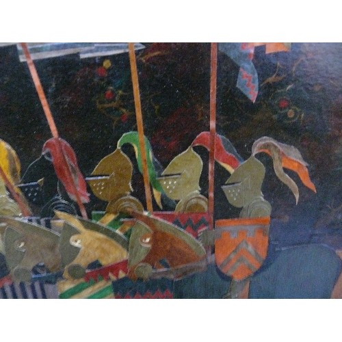 168 - A late 20th Century paper and card collage of Knights on horseback, pennants flying. 44cm x 38cm