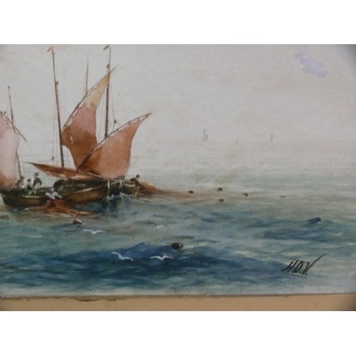 177 - Early 20th Century watercolour of fishing boats at sea, by Harry Vincent. Artist information and fra... 