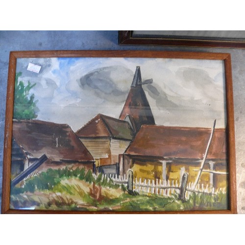 154 - Three 20th Century original works including a small watercolour of an Oast House (37cm x26cm ), a pa... 