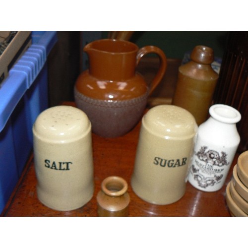 249 - Quantity of Antique & Vintage kitchen stoneware. Includes large Sugar & Salt shakers, Lovatt's jug, ... 