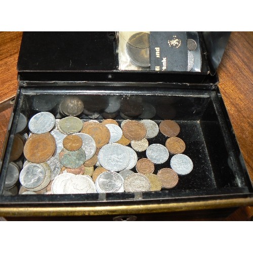 282 - Tin of British & foreign coins including 1843 Maundy 1.5 penny, 1797 penny, 1897 silver jubilee meda... 