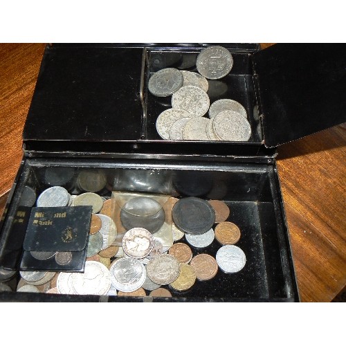 282 - Tin of British & foreign coins including 1843 Maundy 1.5 penny, 1797 penny, 1897 silver jubilee meda... 