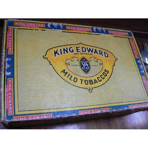 61 - Vintage King Edward Cigar box with mixed curios including Boer War period silver tree leaves painted... 