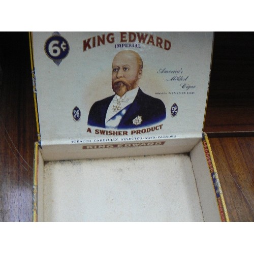 61 - Vintage King Edward Cigar box with mixed curios including Boer War period silver tree leaves painted... 