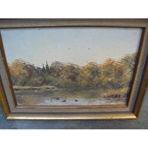 180 - Oil painting on board by Nicholas Lewis of ducks on a lake, Cornwall gallery label verso - frame 42c... 