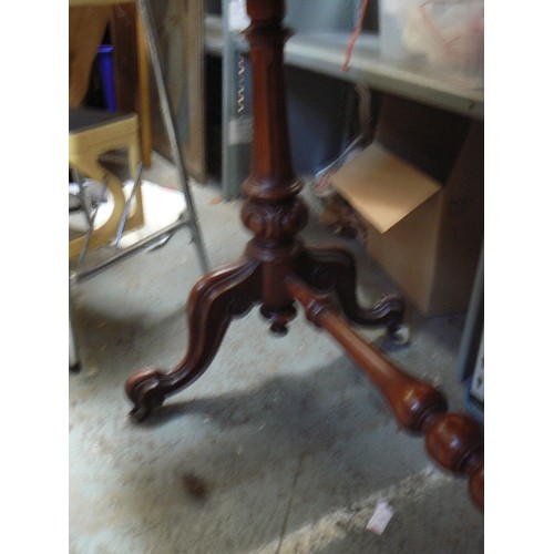 406 - A mid Victorian mahogany side table with turned stretcher on original white pot castors (1 wheel mis... 