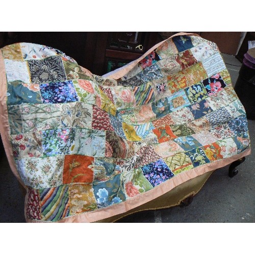 341 - Handmade patchwork quilt bedspread for single bed. Brightly coloured cotton squares. 114cm x 234cm