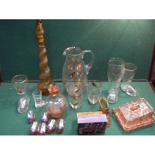 350 - Mid Century glassware including an amber glass decanter with stopper, Czech liqueur decanter with 6 ... 