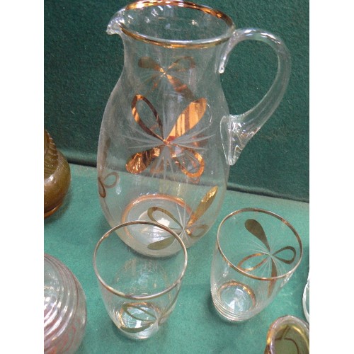 350 - Mid Century glassware including an amber glass decanter with stopper, Czech liqueur decanter with 6 ... 