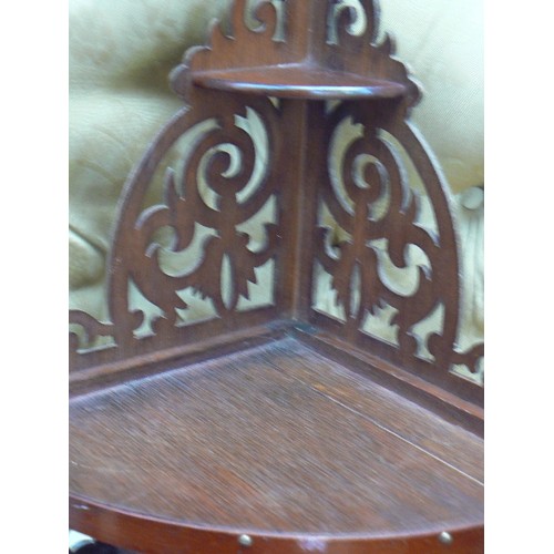 90 - Mahogany corner shelf with mirrored back, fretwork bracket.  In the Victorian style.