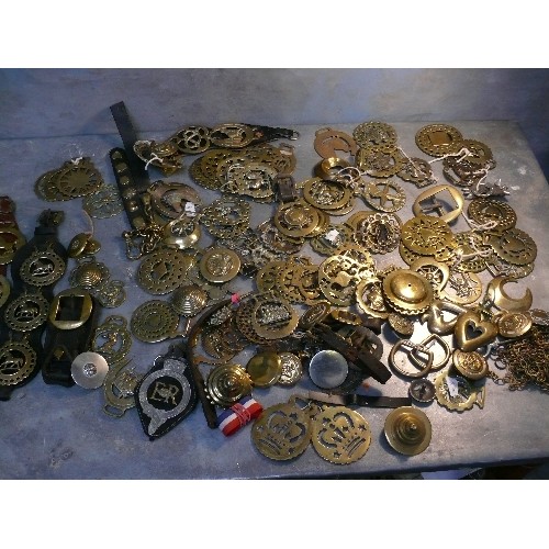 389 - Large quantity (over 70) of single horse brasses in a crate. Victorian & 20th Century. Good bull bra... 