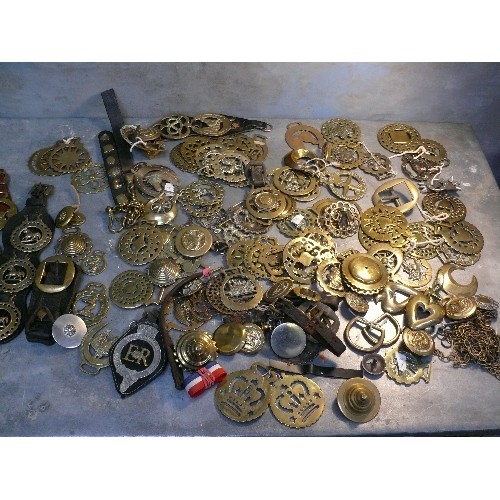 389 - Large quantity (over 70) of single horse brasses in a crate. Victorian & 20th Century. Good bull bra... 