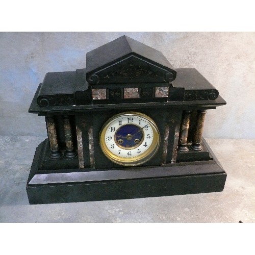 418D - A large 19th Century French black slate and marble mantle clock by Fritz Marti et Fils of Vieux-Char... 