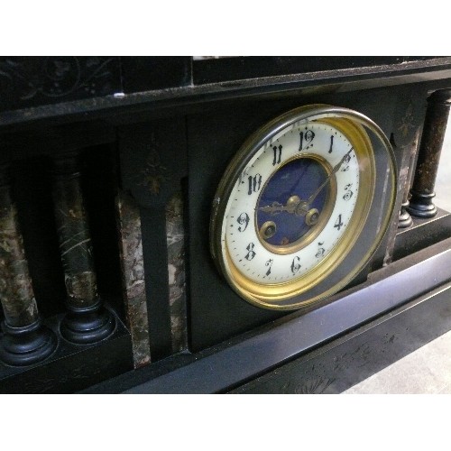 418D - A large 19th Century French black slate and marble mantle clock by Fritz Marti et Fils of Vieux-Char... 