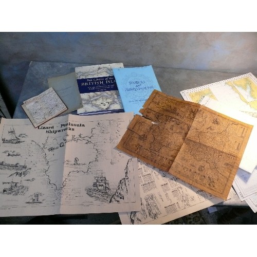 172A - Collection of Cornwall Maps and Sea Charts including an early 20th Century Motor Route strip Map, 