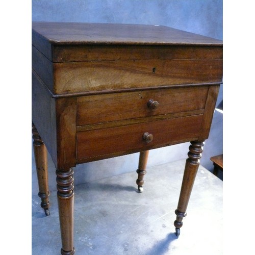 422 - Regency ladies work or sewing table, the top section baize lined, with lifting lid and two drawers b... 