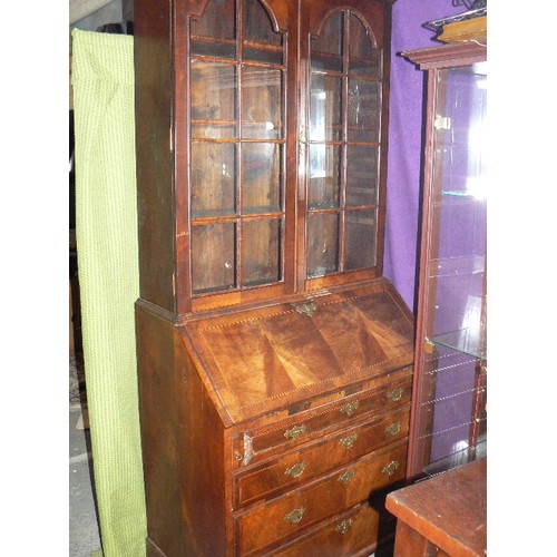 419 - Early 19th Century walnut & mahogany veneered bureau bookcase with 4 drawers, glazed bookcase sectio... 