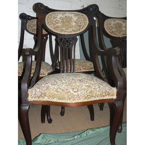 427 - Set of four Edwardian salon chairs, two with arms, carved back rails and pierced splats