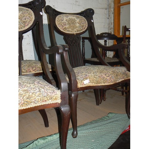 427 - Set of four Edwardian salon chairs, two with arms, carved back rails and pierced splats