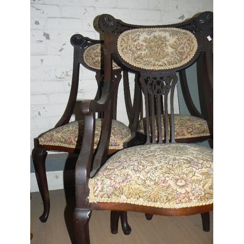 427 - Set of four Edwardian salon chairs, two with arms, carved back rails and pierced splats