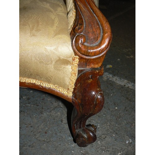 431 - A Victorian walnut framed double spoon back sofa, buttoned back & seat in a gold damask fabric - 175... 