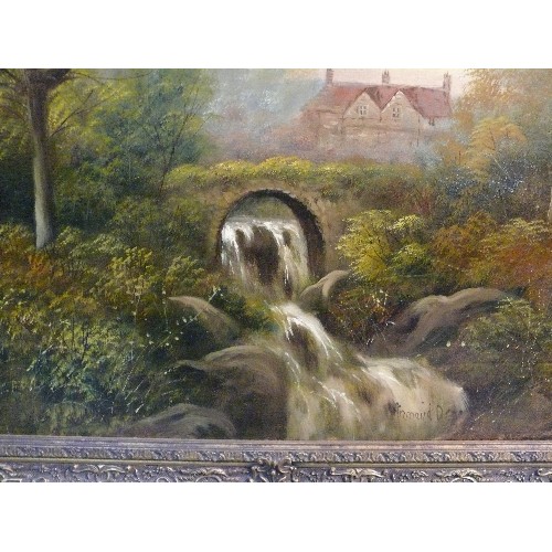 174 - A 19th Century oil painting on canvas of a waterfall with Country House beyond, signed, in an ornate... 