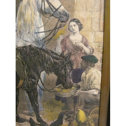 178 - VICTORIAN HAND COLOURED ETCHING, FEEDING THE HORSES, INFORMATION ON BACK 