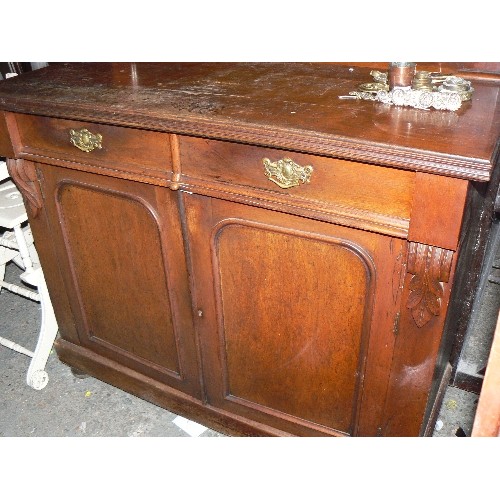 421 - Victorian mahogany chiffonier sideboard with arched panelled doors, two drawers with original brass ... 