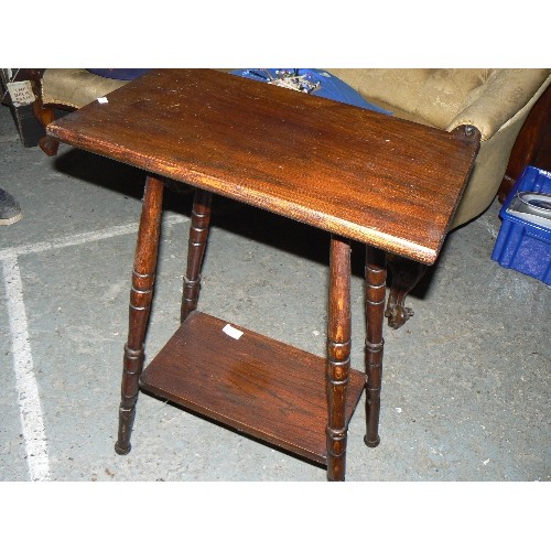 437 - Edwardian dark oak side table with shelf, on turned legs