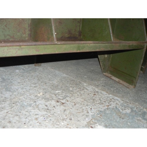 469 - A pair of vintage industrial green metal workshop / engineering pigeon hole shelf units - 107 cm