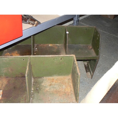 469 - A pair of vintage industrial green metal workshop / engineering pigeon hole shelf units - 107 cm