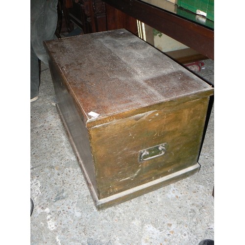 312 - Large Victorian pine blanket chest with iron handles, painted finish, candle box & original papered ... 