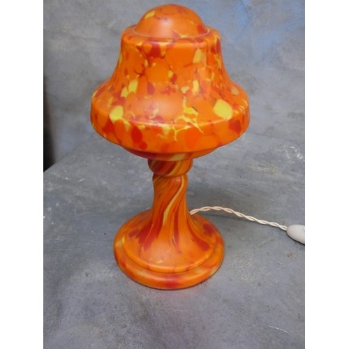 112 - An Art Deco orange spatter glass table lamp by Kralik Bohemia, 28cm H