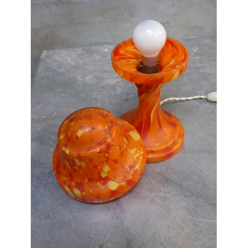 112 - An Art Deco orange spatter glass table lamp by Kralik Bohemia, 28cm H