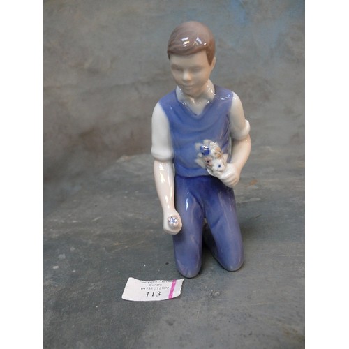 113 - A late 20th Century Danish Porcelain figure of a young man kneeling, with flowers, by Bing & Grondah... 