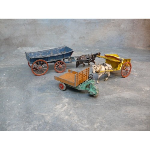 246A - A pre war Britains lead farm wagon & horse and a John Hill horse and Tumbrel cart. Dinky Motocart