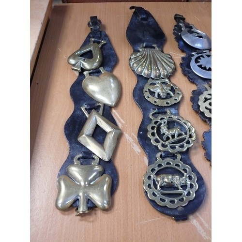 384 - Good selection of some unusual antique brasses, on straps and singles. Includes large stamped shell,... 