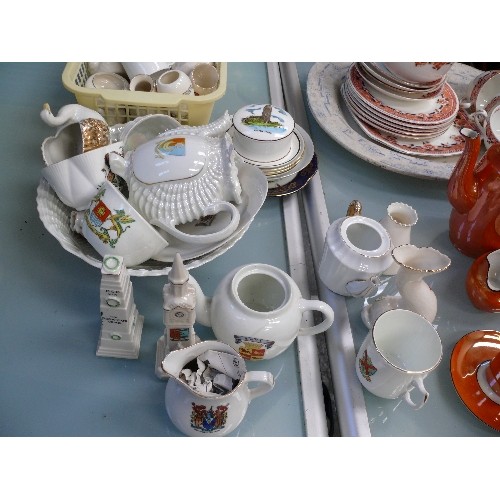 143 - Large lot of mixed vintage china including crested china, Art Deco orange lustre coffee set, Duchess... 