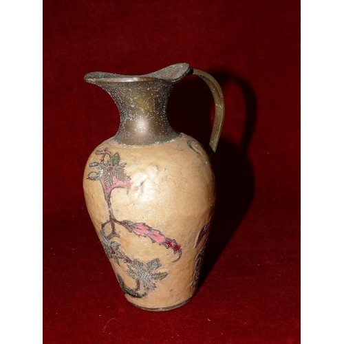 67 - ATTRACTIVE BRASS JUG DECORATED WITH ENAMEL FLOWER PATTERN.