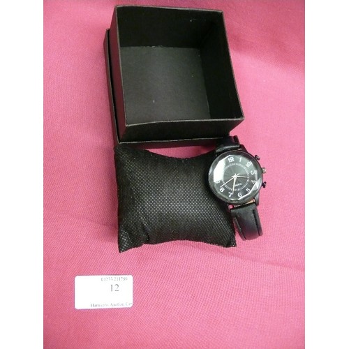 12 - BLACK QUARTZ WATCH WITH BEVELLED FACE,  WORKING IN BOX.